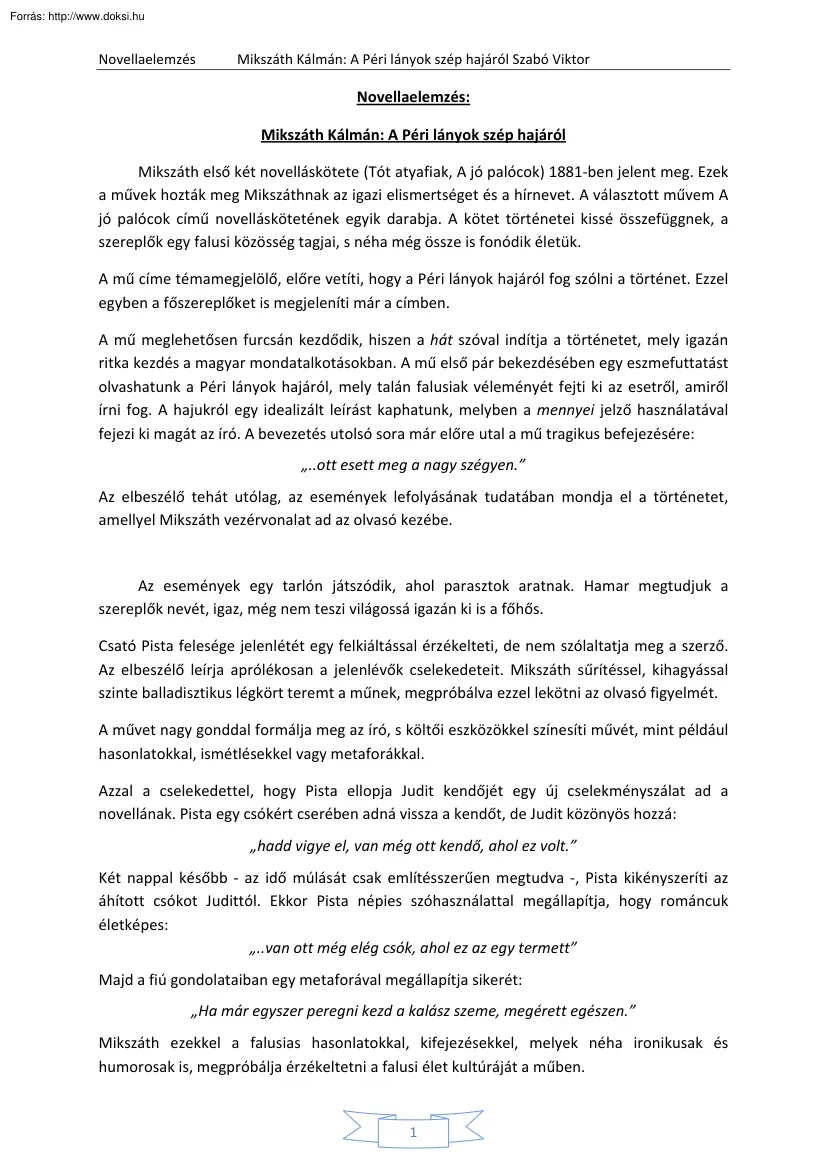 Szabó Viktor - Mikszáth Kálmán, A Péri lányok szép hajáról, novellaelemzés