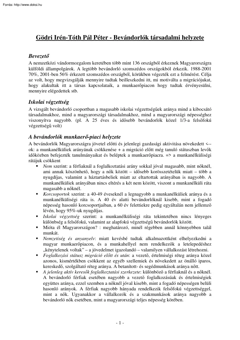 Gödri-Tóth - Bevándorlók társadalmi helyzete
