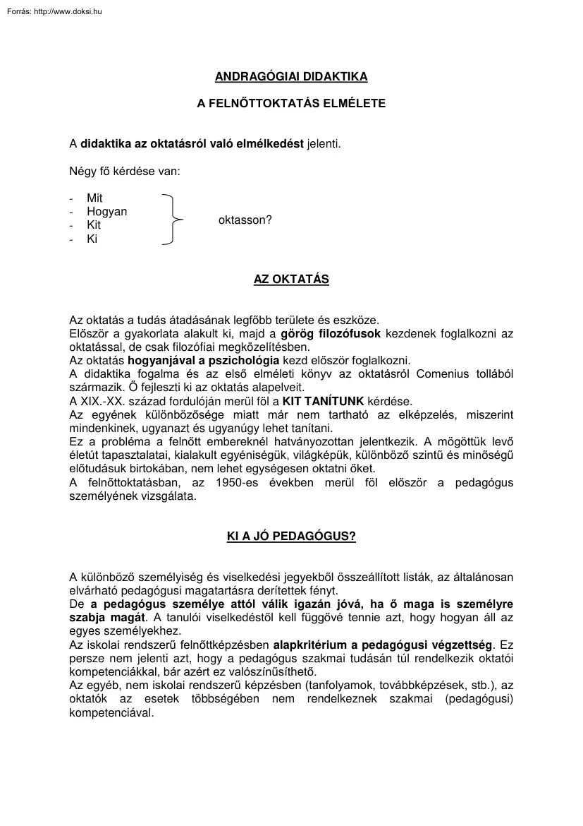 Andragógiai didaktika, a felnőttoktatás elmélete