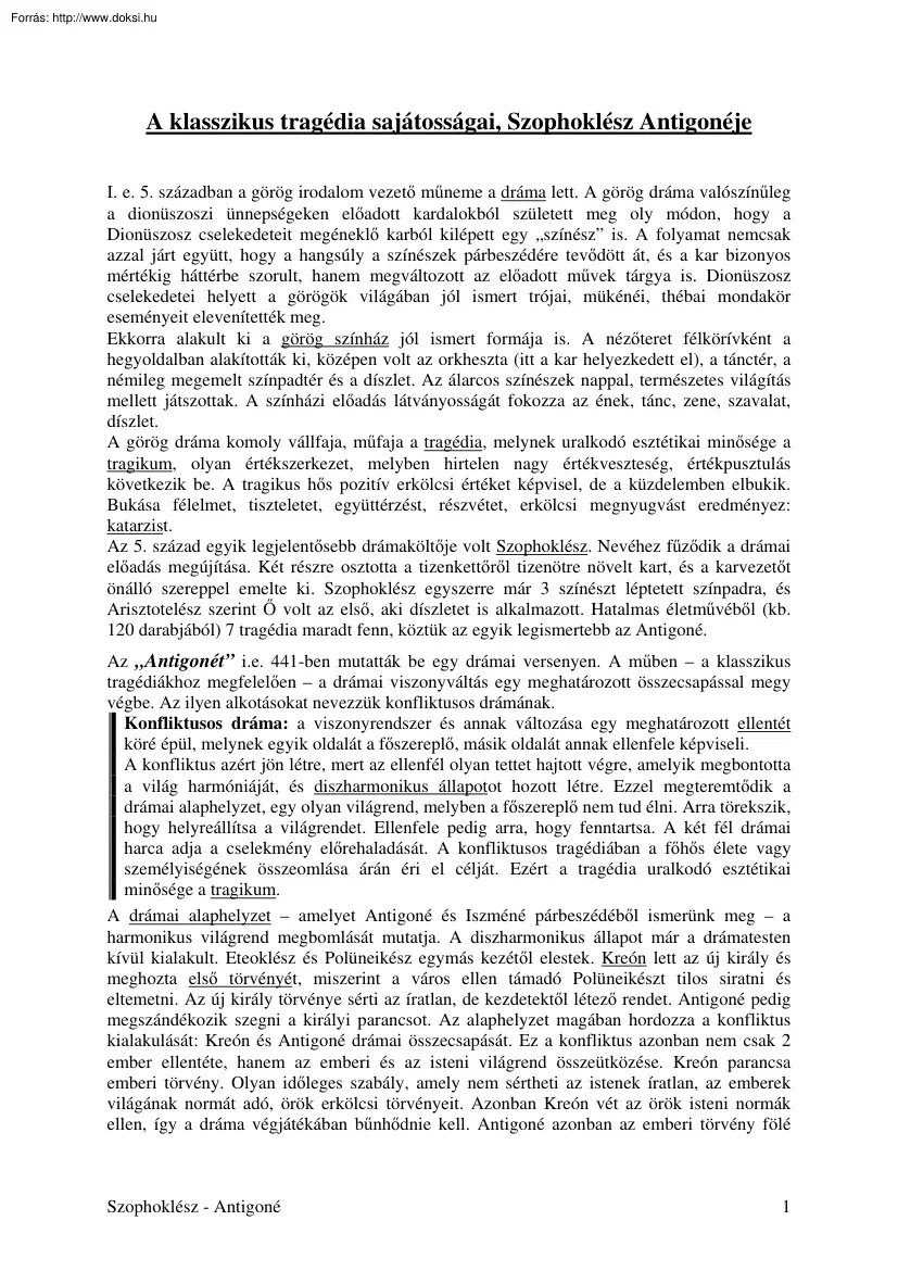 A klasszikus tragédia sajátosságai, Szophoklész Antigonéje