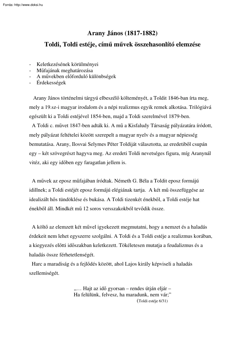 Toldi, Toldi estéje című művek összehasonlító elemzése