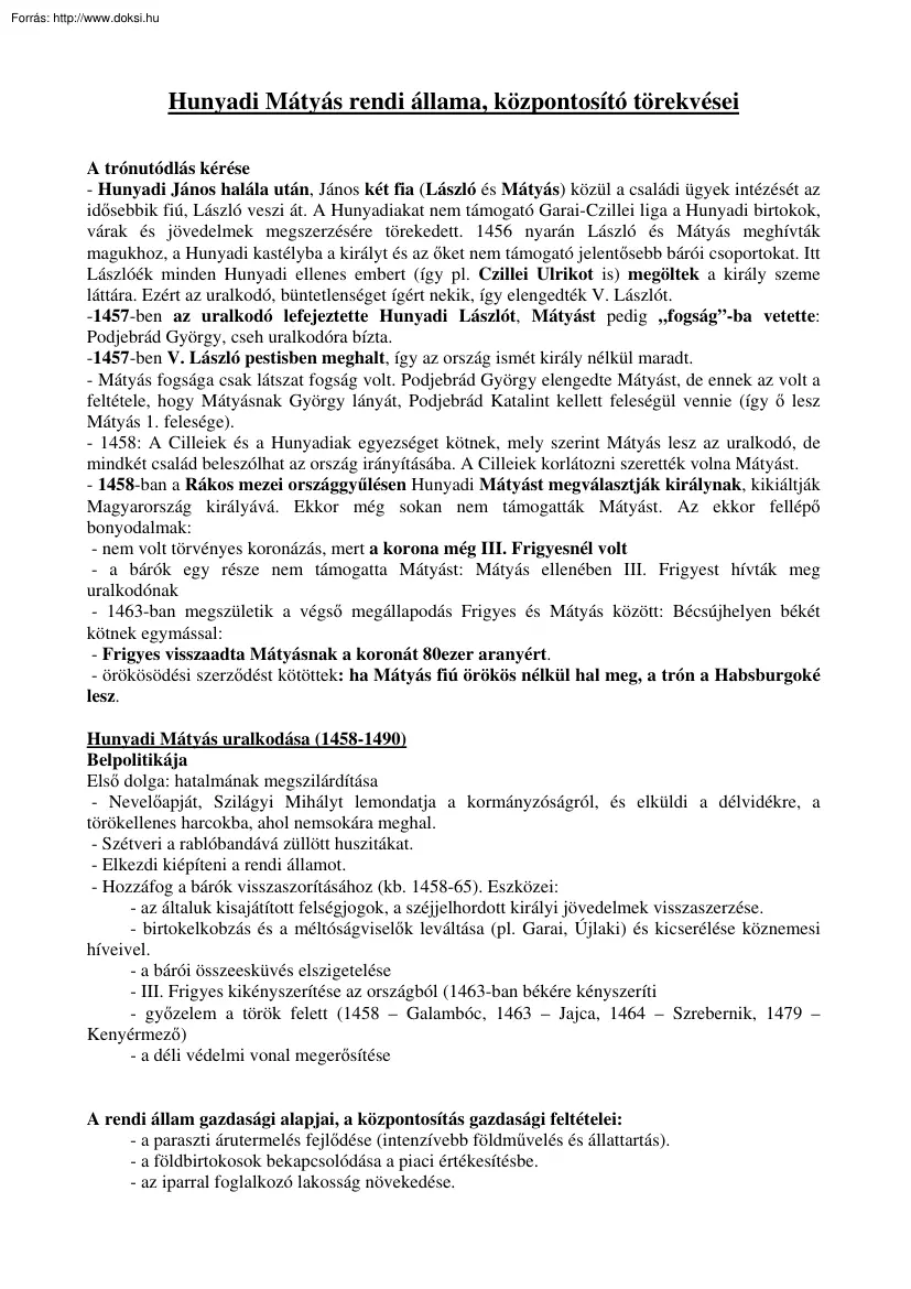 Hunyadi Mátyás rendi állama, központosító törekvései