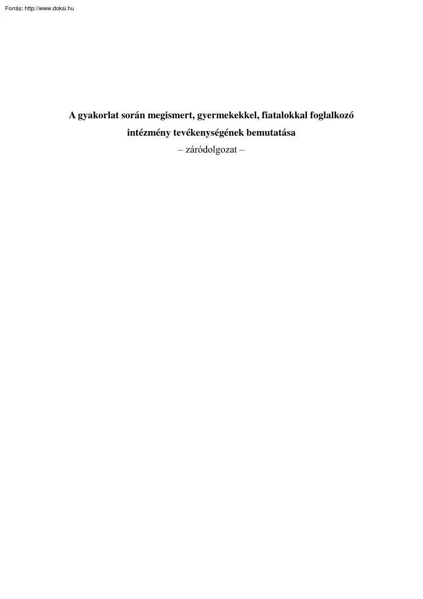 A gyakorlat során megismert, gyermekekkel, fiatalokkal foglalkozó intézmény tevékenységének