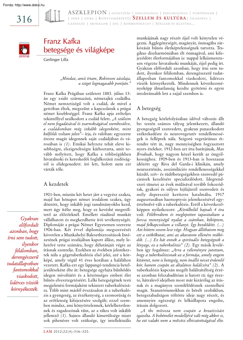 Gerlinger Lilla - Franz Kafka betegsége és világképe