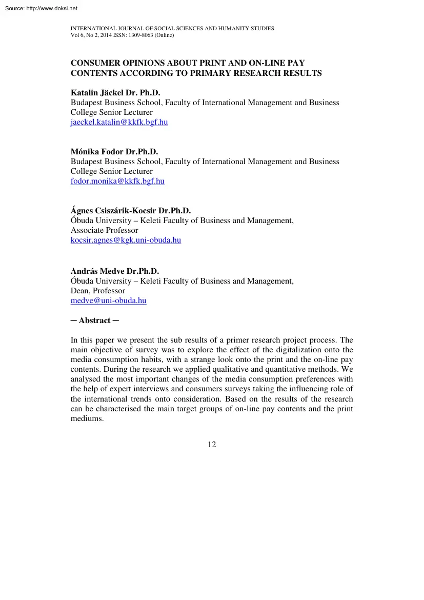 Jackel-Fodor-Csiszárik - Consumer Opinions about Print and Online Pay Contents According to
