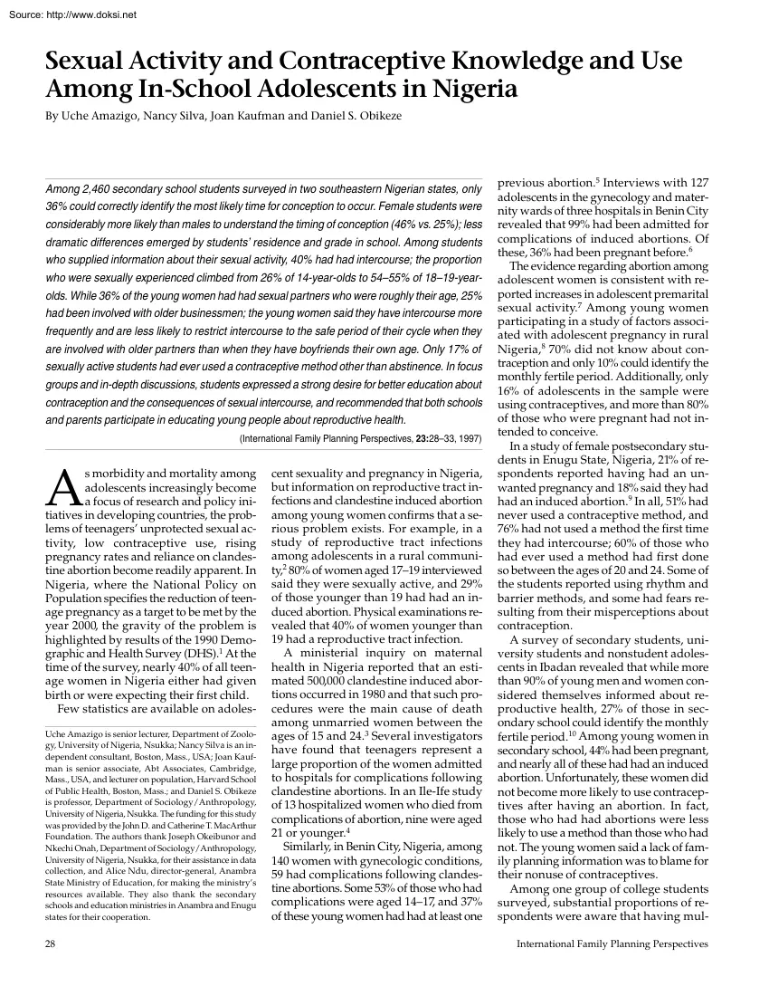 Amazigo-Silva-Kaufman - Sexual Activity and Contraceptive Knowledge and Use Among In School