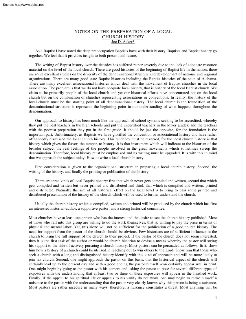 Joe D. Acker - Notes on the Preparation of a Local Church History