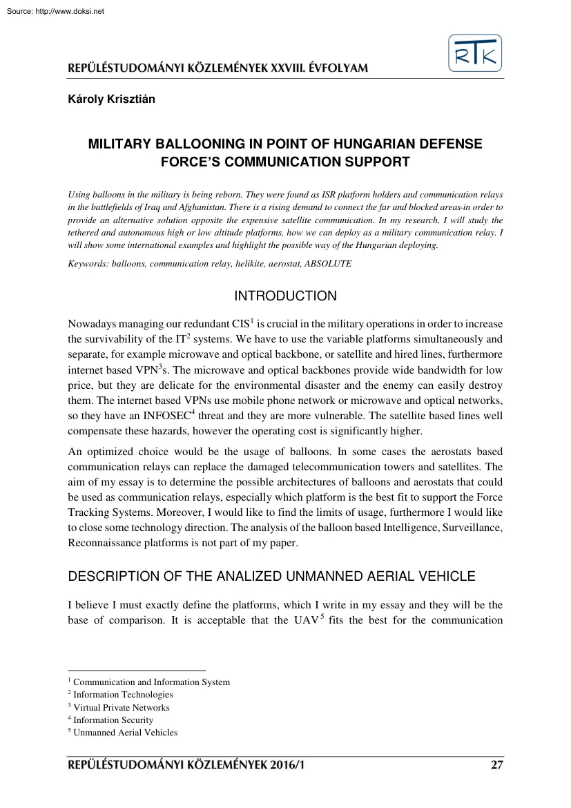 Krisztián Károly - Military Ballooning in Point of Hungarian Defense Forces Communication Support