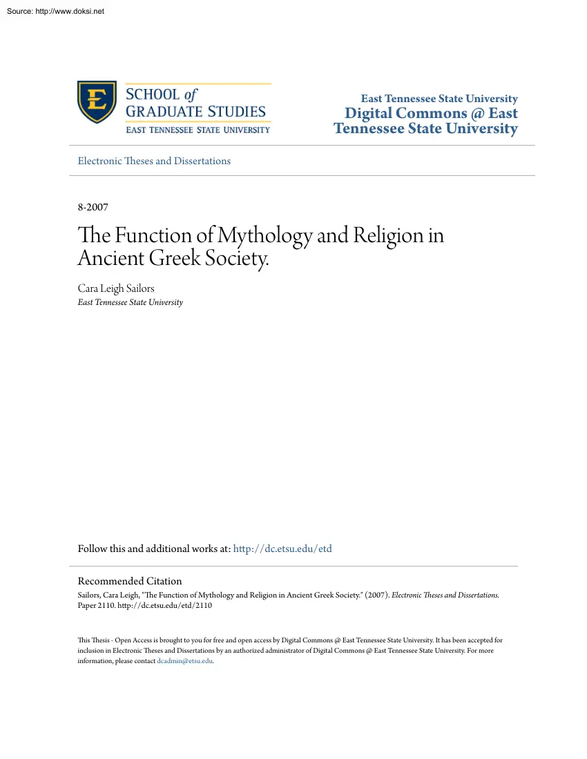 Cara Leigh Sailors - The Function of Mythology and Religion in Ancient Greek Society