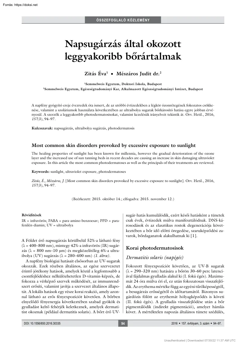 Zitás-dr. Mészáros - Napsugárzás által okozott leggyakoribb börártalmak