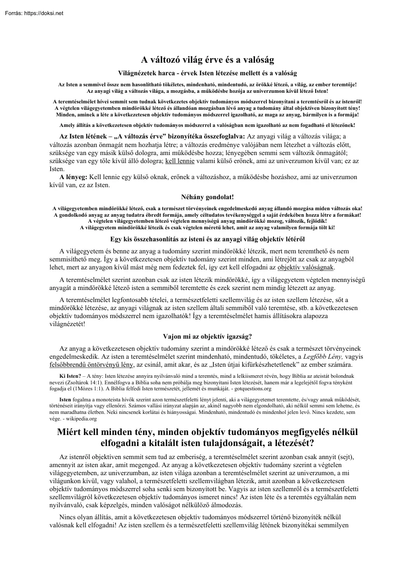 Salánki László - A változó világ érve és a valóság, érvek Isten létezése mellett és a