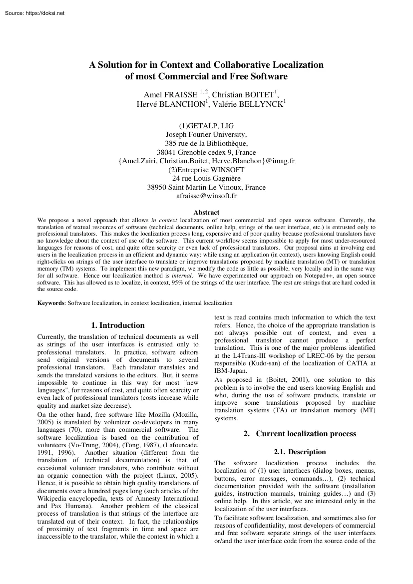 A Solution for in Context and Collaborative Localization of most Commercial and Free Software