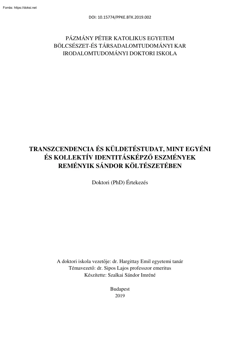 Szalkai Sándor Imréné - Transzcendencia és küldetéstudat mint egyéni és kollektív