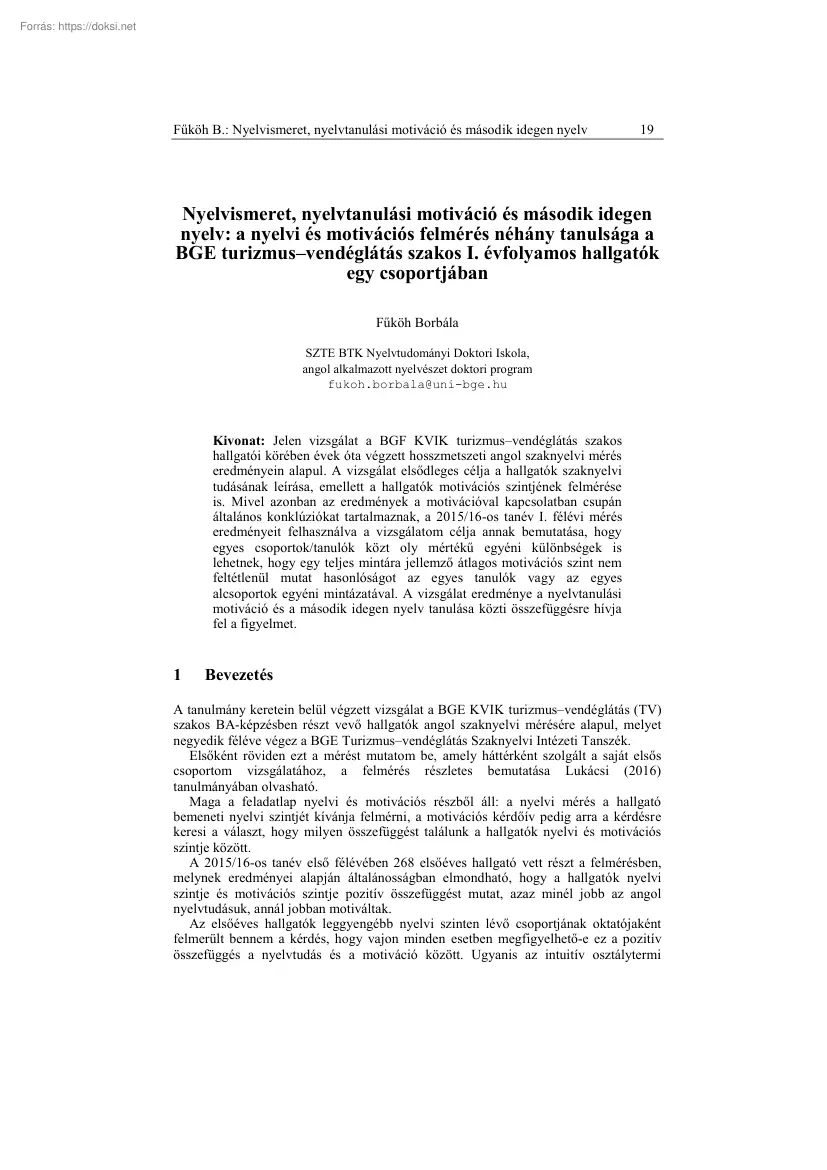 Füköh Borbála - Nyelvismeret, nyelvtanulási motiváció és második idegen nyelv, a nyelvi és
