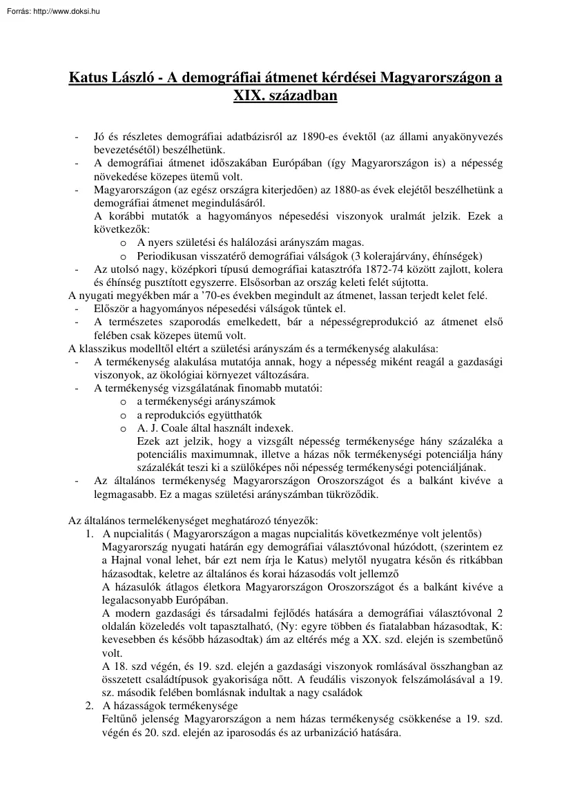 Katus László - A demográfiai átmenet kérdései Magyarországon a XIX. században