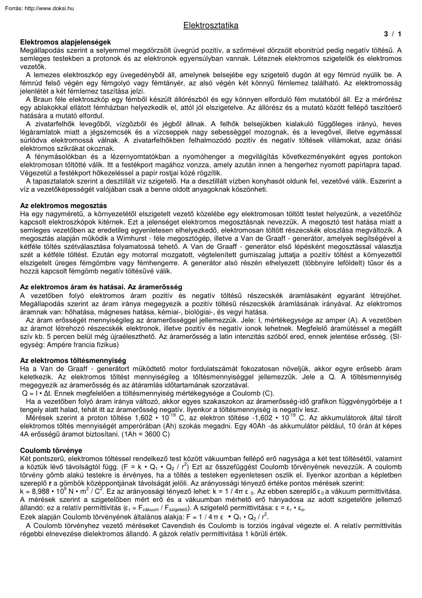 Elektrosztatika összefoglaló