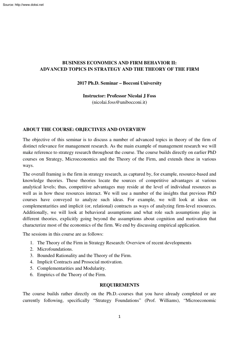 Advanced Topics in Strategy and the Theory of the Firm