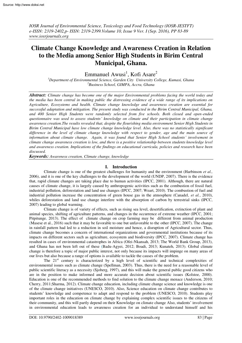 Awusi-Asare - Climate Change Knowledge and Awareness Creation in Relation to the Media among Senior