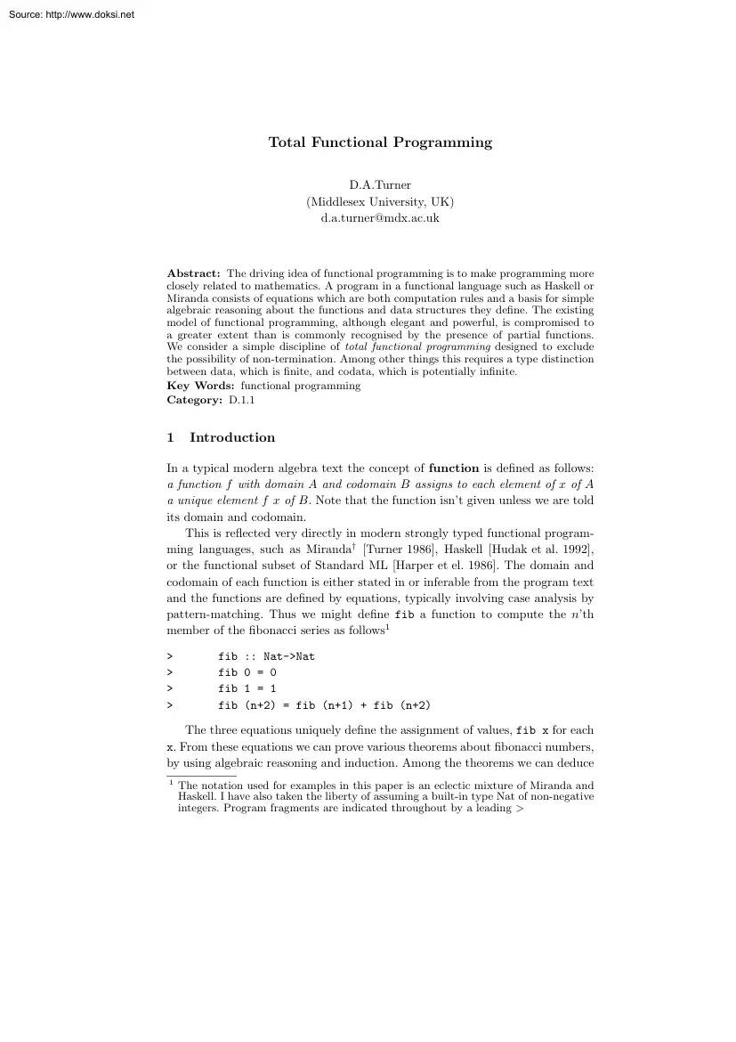D.A.Turner - Total Functional Programming