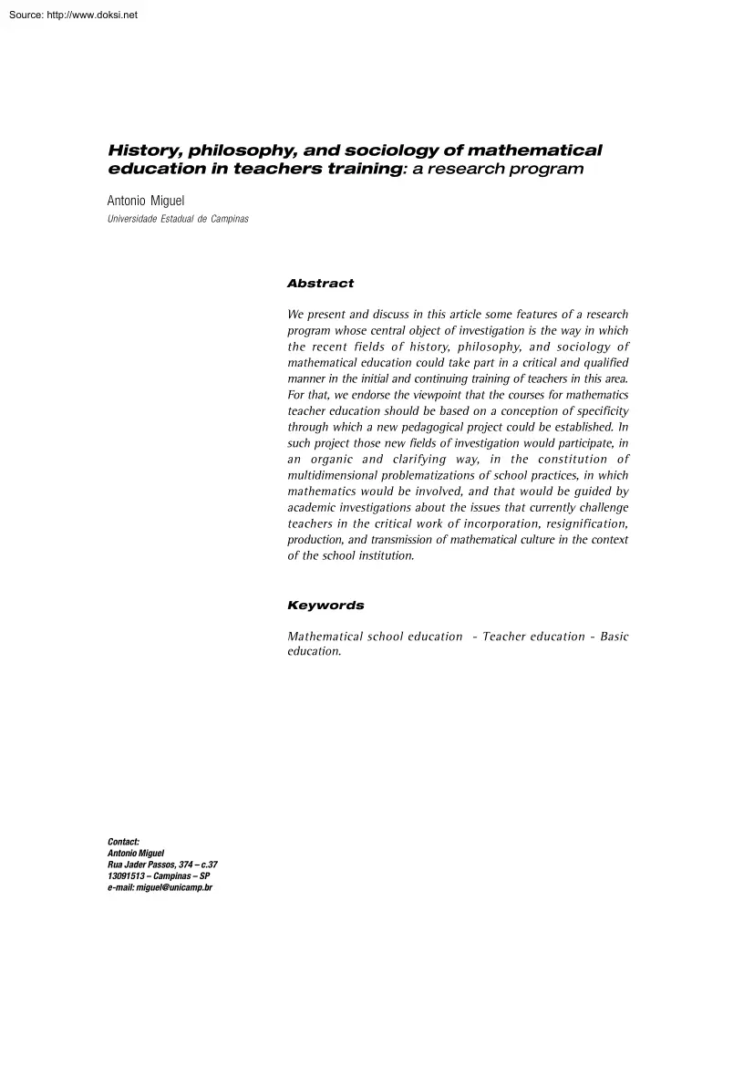 Antonio Miguel - History, Philosophy, and Sociology of Mathematical Education in Teachers Training