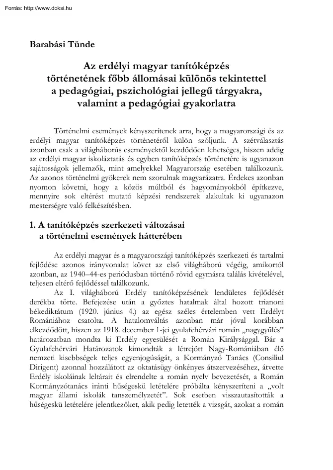 Barabási Tünde - Az erdélyi magyar tanítóképzés történetének főbb állomásai különös
