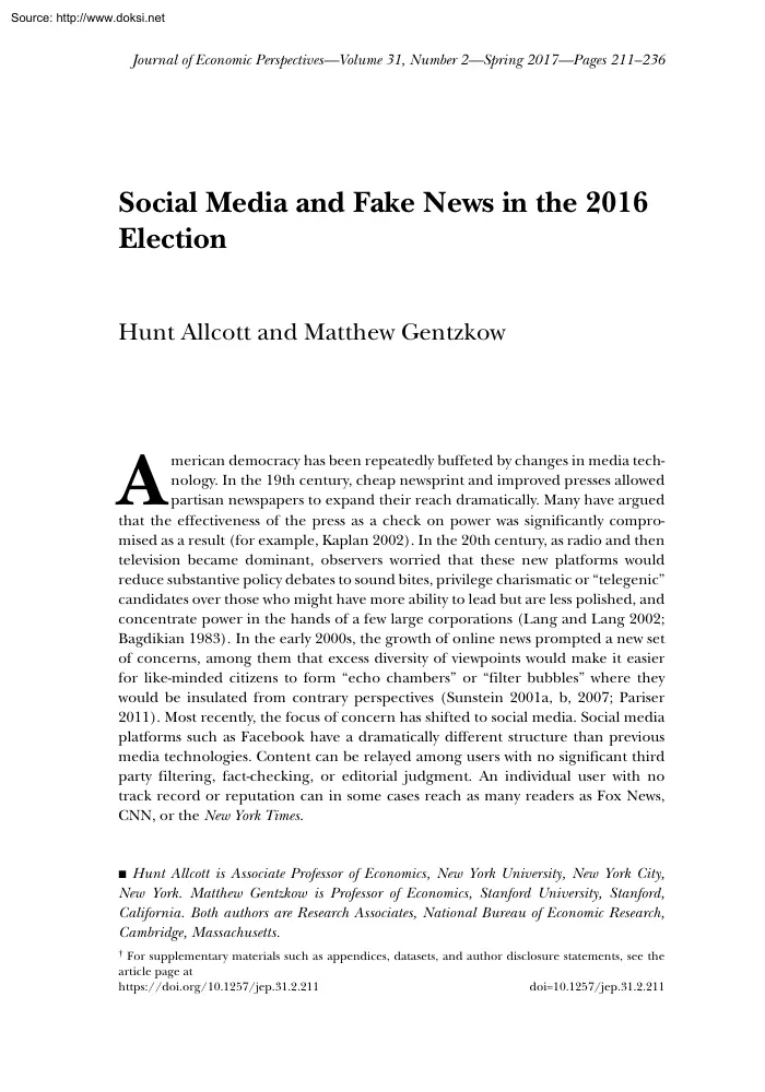 Allcott-Gentzkow - Social Media and Fake News in the 2016 Election