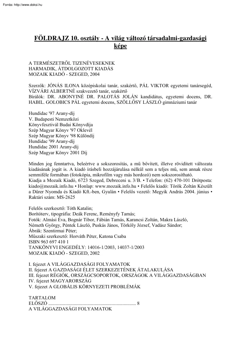 Földrajz 10. osztály - A világ változó társadalmi-gazdasági képe