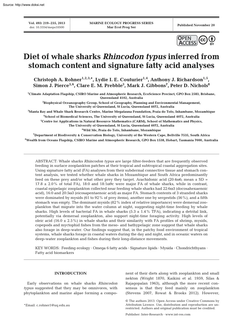 Diet of Whale Sharks Rhincodon Typus Inferred from Stomach Content and Signature Fatty Acid