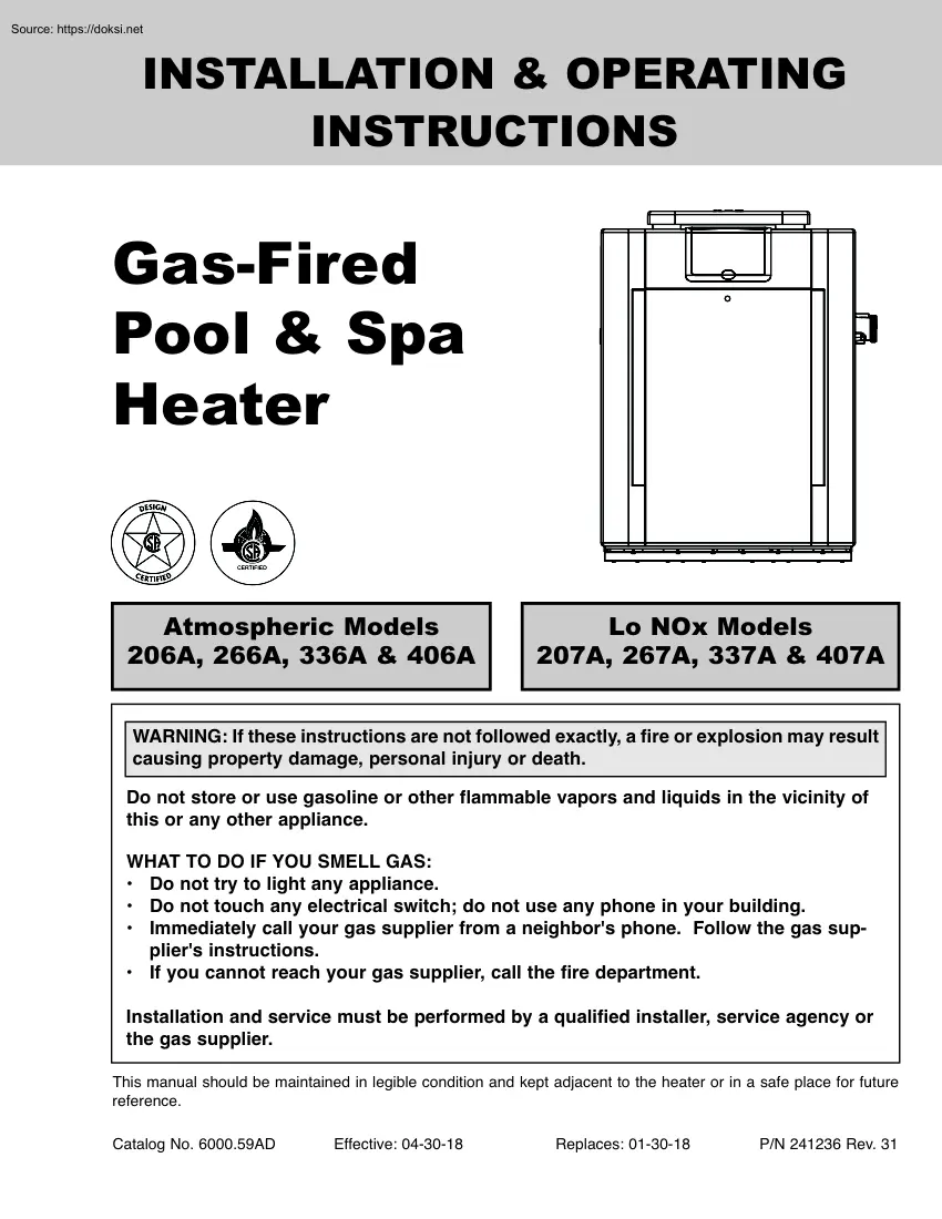 Gas Fired Pool and Spa Heater Installation and Operating Instructions