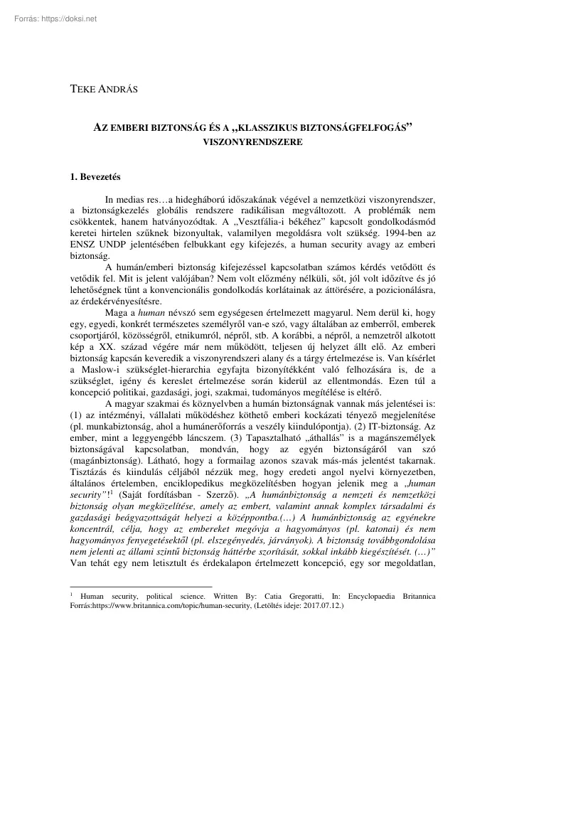 Teke András - Az emberi biztonság és a klasszikus biztonságfelfogás viszonyrendszere