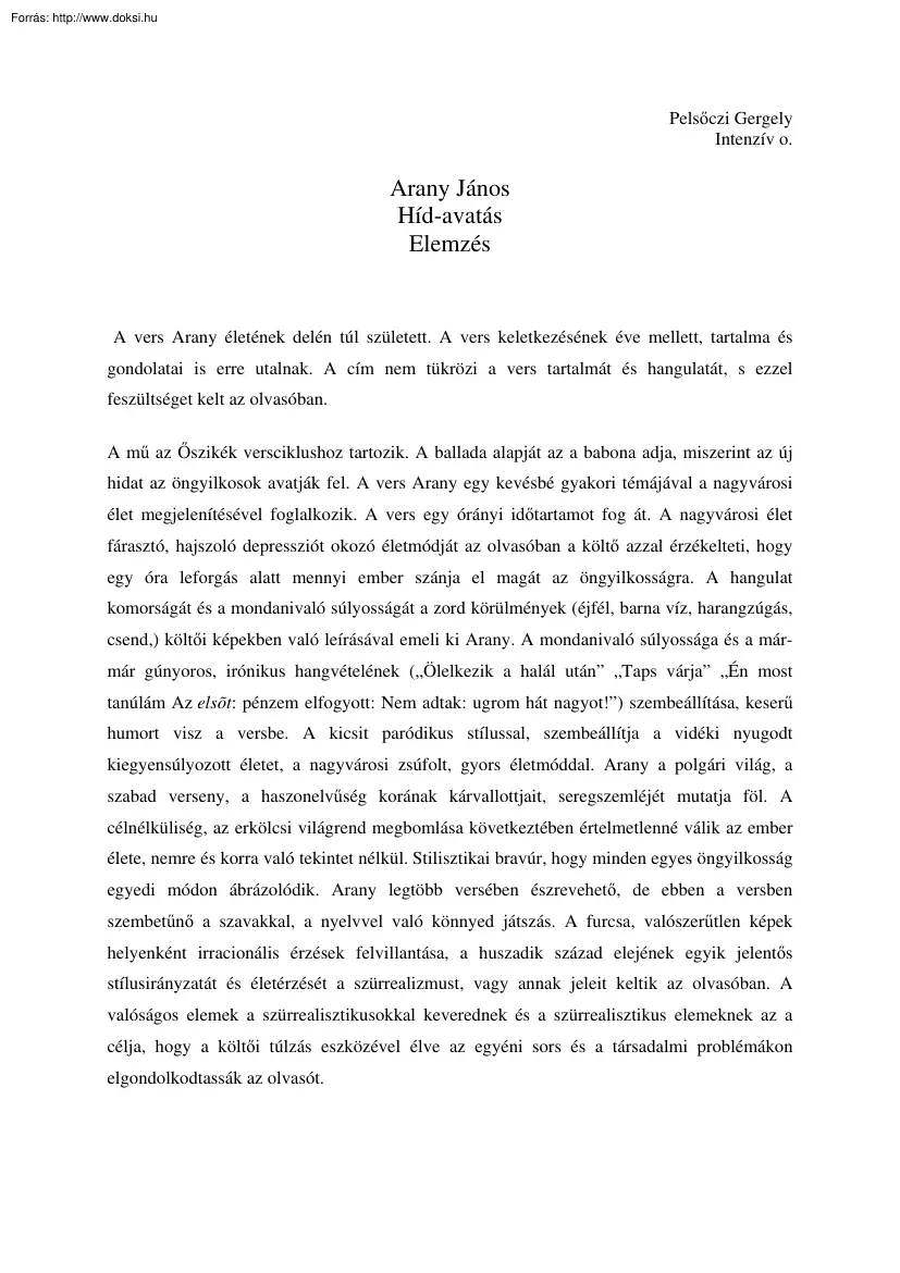 Arany János - Hídavatás c. művének elemzése