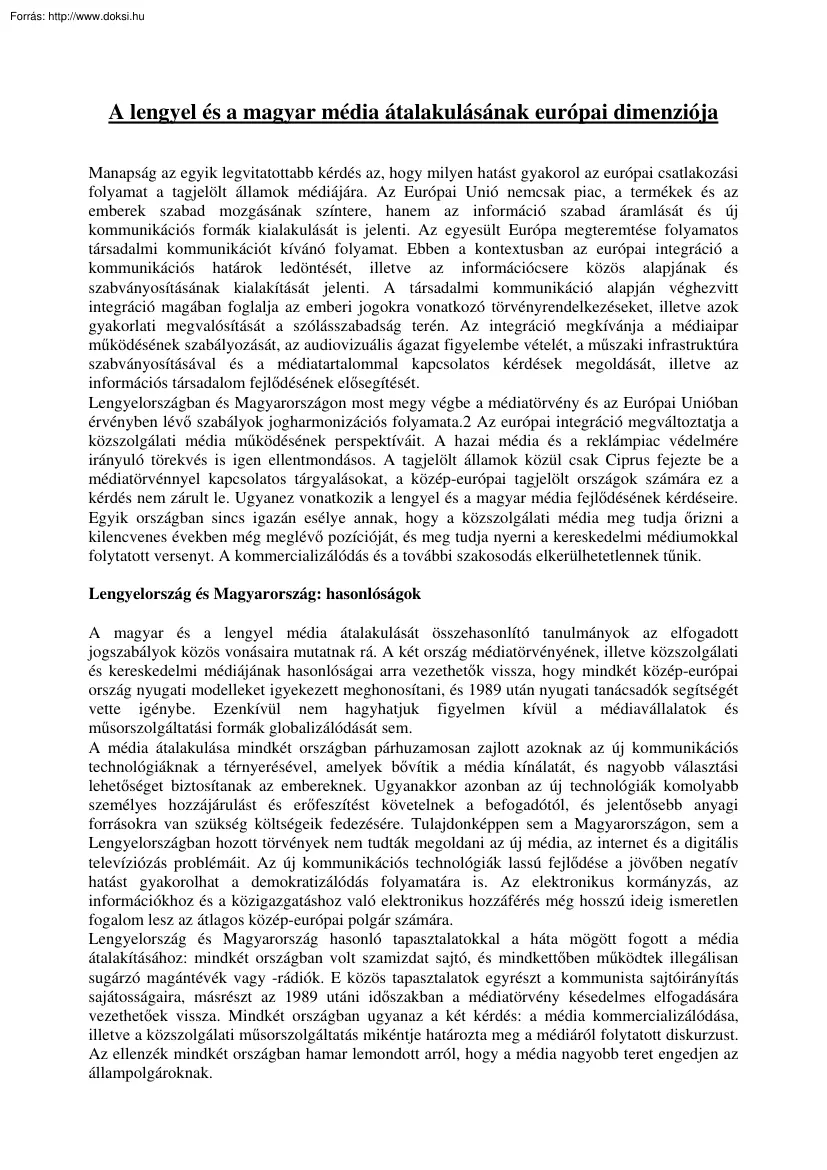 A lengyel és a magyar média átalakulásának európai dimenziója