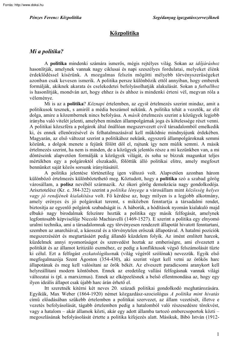 Pénzes Ferenc - Közpolitika, segédanyag igazgatásszervezőknek