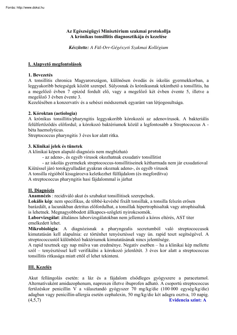 A krónikus tonsillitis diagnosztikája és kezelése, szakmai protokoll