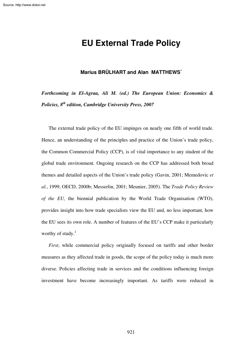 Brülhart-Matthews - EU External Trade Policy