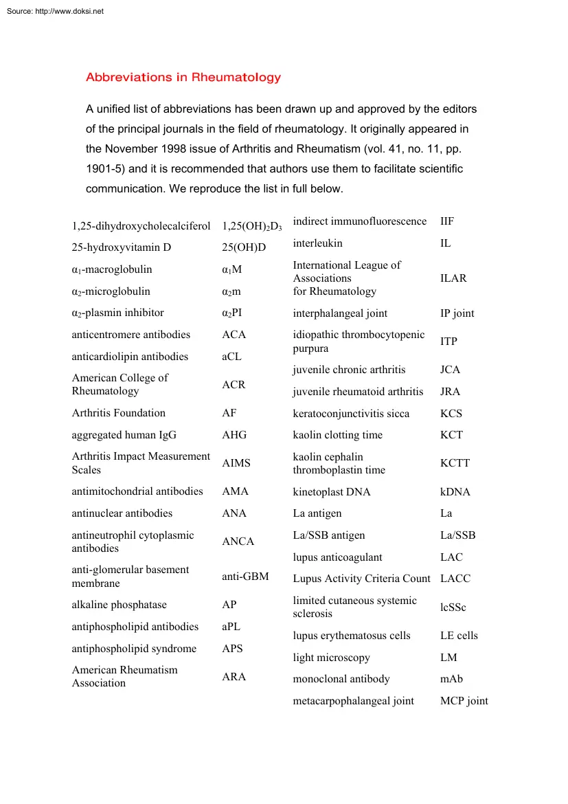 Abbreviations in Rheumatology