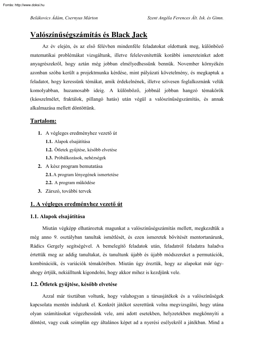 Belákovics-Csernyus - Valószínűségszámítás és Black Jack