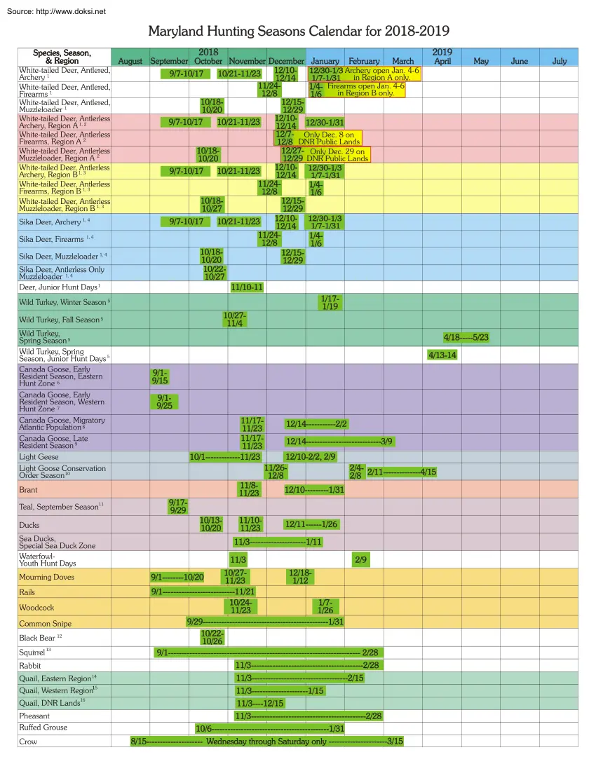 Maryland Hunting Seasons Calendar for 2018-2019