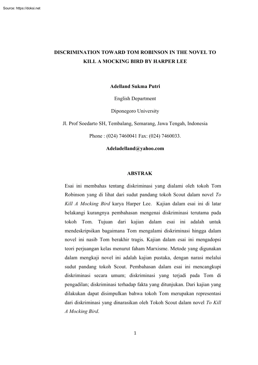 Adelland Sukma Putri - Discrimination Toward Tom Robinson in the Novel to Kill a Mockingbird by