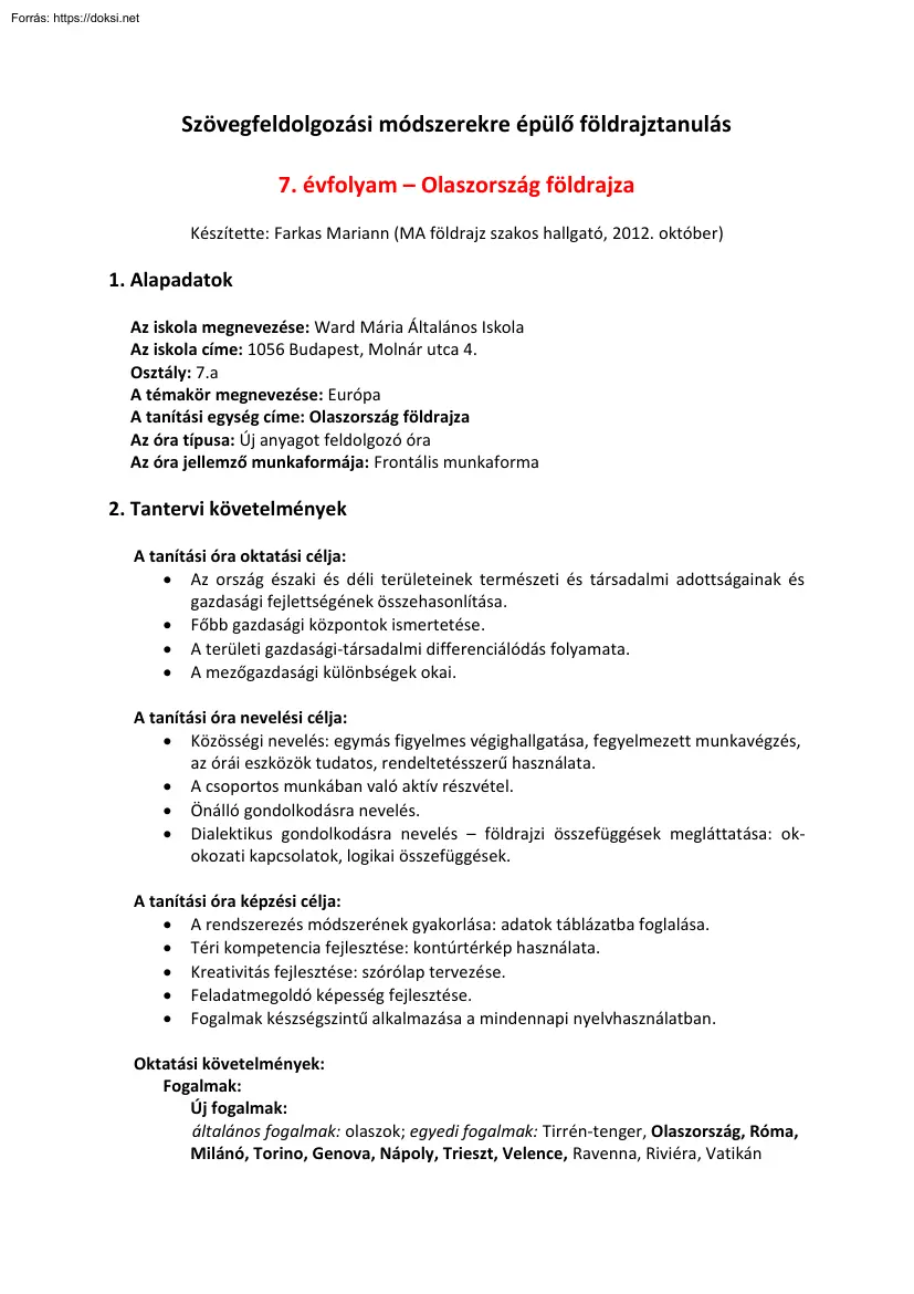 Farkas Mariann - Szövegfeldolgozási módszerekre épülő földrajztanulás, Olaszország