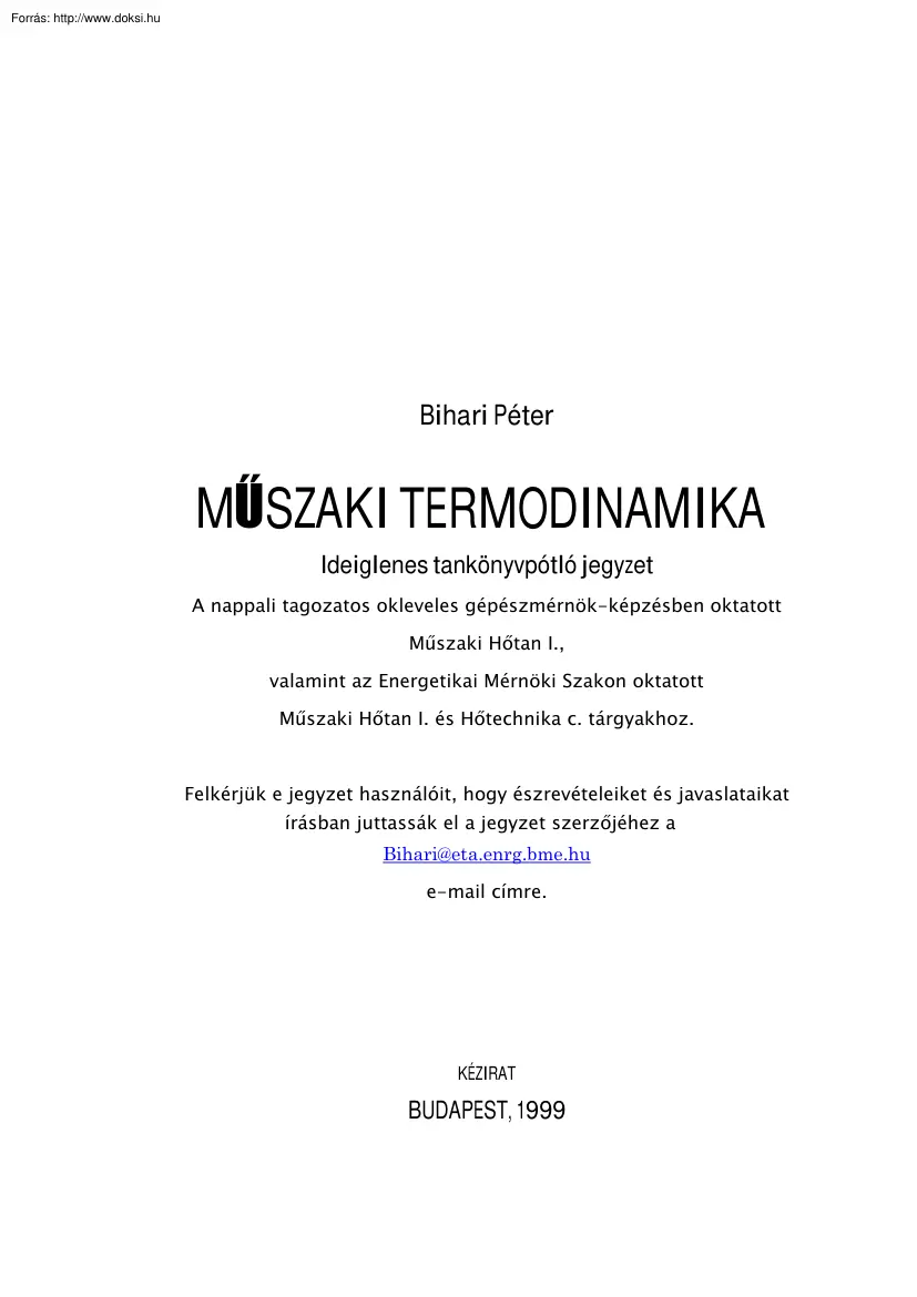 Bihari Péter - Műszaki Termodinamika