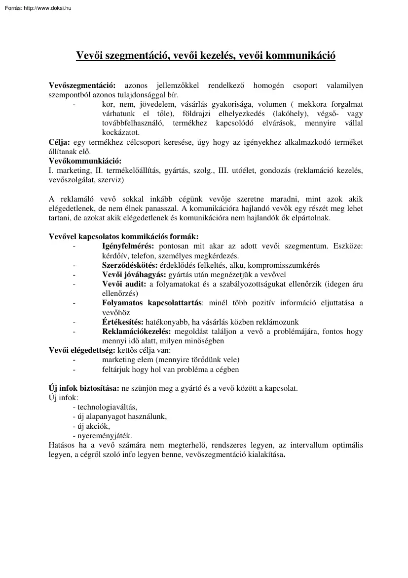 Vevői szegmentáció, vevői kezelés, vevői kommunikáció