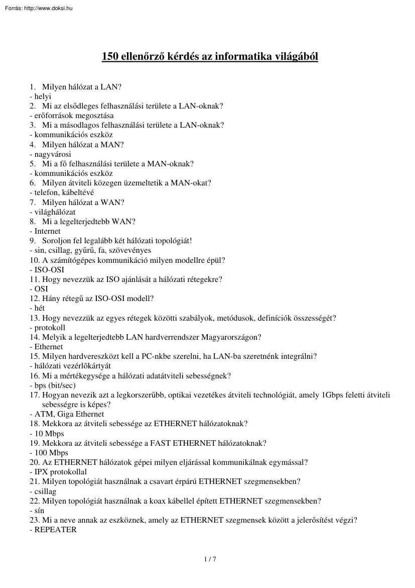 150 ellenőrző kérdés az informatika világából