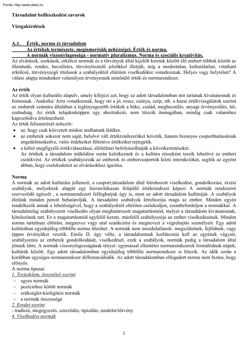 Társadalmi beilleszkedési zavarok, vizsgakérdések