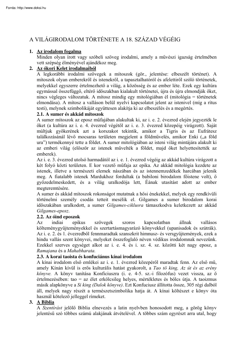 A világirodalom története a 18. század végéig