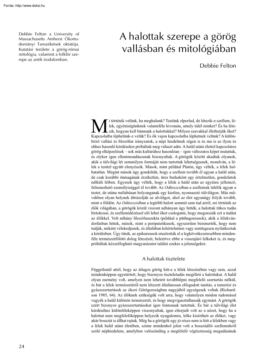 Debbie Felton - A halottak szerepe a görög vallásban és mitológiában