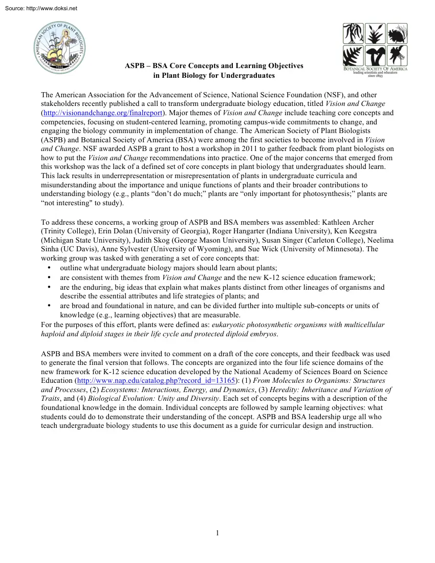 ASPB, BSA Core Concepts and Learning Objectives in Plant Biology for Undergraduates