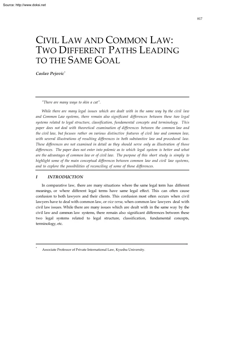 Caslav Pejovic - Civil Law and Common Law, Two Different Paths Leading to the Same Goal