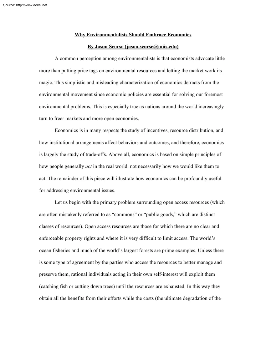 Jason Scorse - Why Environmentalists Should Embrace Economics