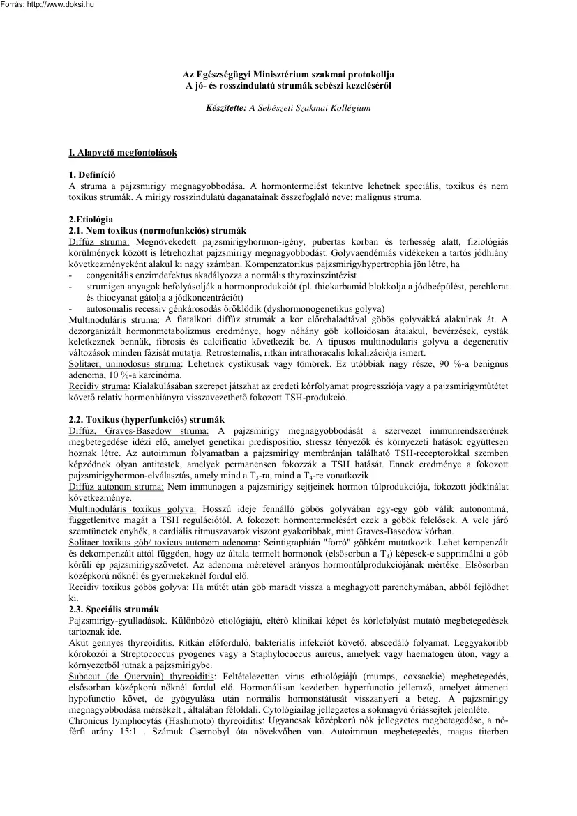Az Egészségügyi Minisztérium szakmai protokollja a jó- és rosszindulatú strumák